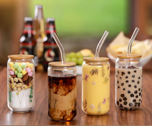 Round Smooth Clear Glass Drinking Cup with Bamboo Lid